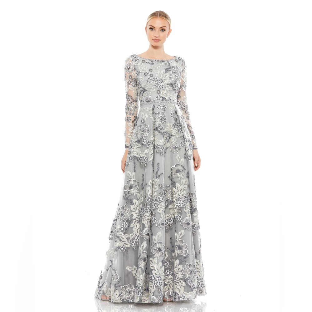 Mac Duggal‎ Floral Embellished Illusion Sleeve Embroidered A-Line Gown- NWT